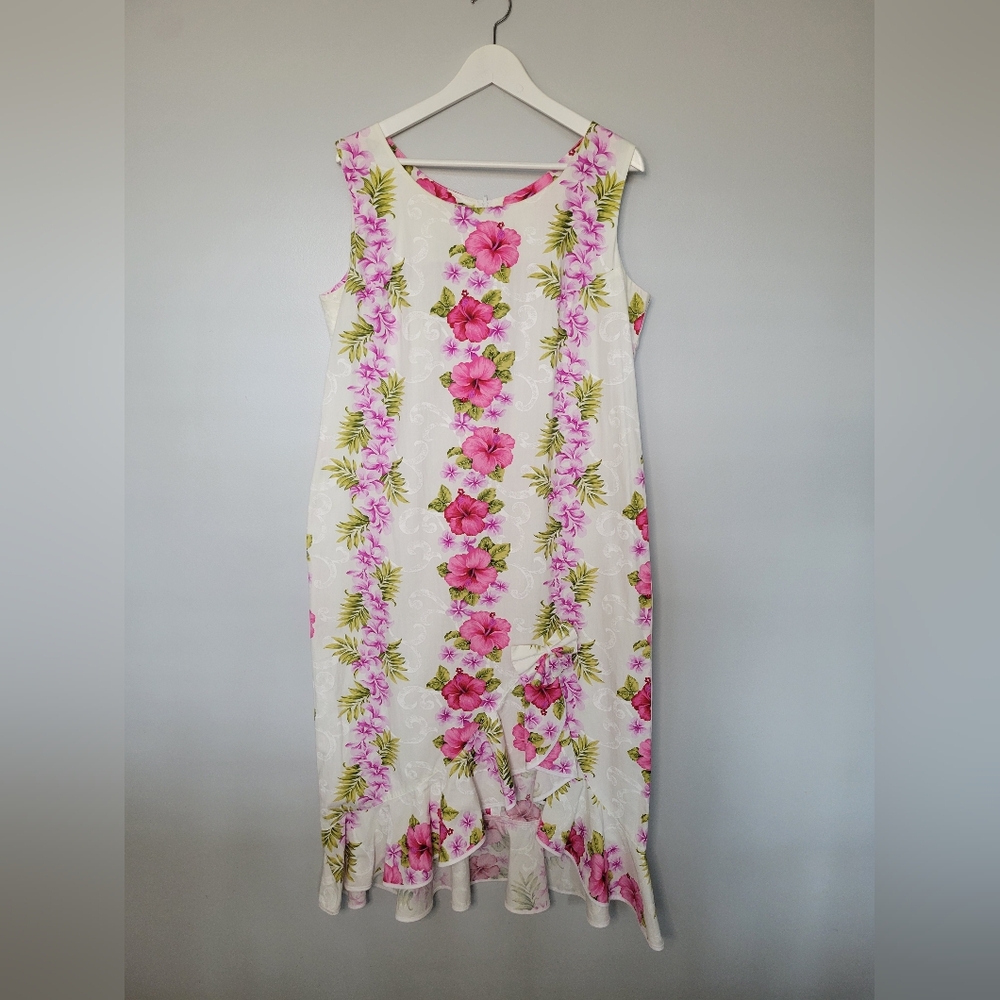 Two Palms Tropical Floral Plumeria Ruffle Hawaiian Wedding Dress SZ XL